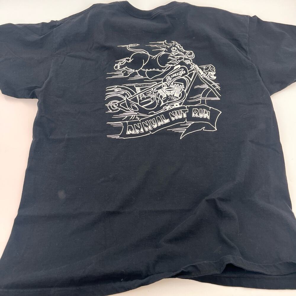 Men's graphic tee black white bull on motorcycle Annual Nut Run solid black 3xl